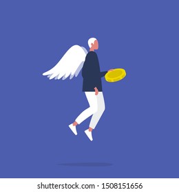 Angel investor. Young male character with wings holding a coin. Business. Money. Investment. Flat editable vector illustration, clip art