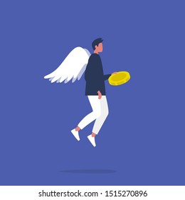 Angel investor. Young male character with wings holding a coin. Business. Money. Investment. Flat editable vector illustration, clip art