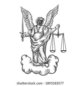 An angel of justice. Can be used as a sketch of a tattoo.