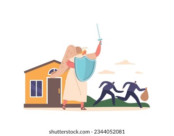 Angel Keeper Character With Sword And Shield Safeguards Home From Robbers, Providing A Sense Of Protection