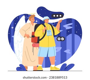 Angel keeper concept. Man with young guy with white wings. Imagination and fantasy. Religion and mythology. Safety and protection. Cartoon flat vector illustration isolated on white background