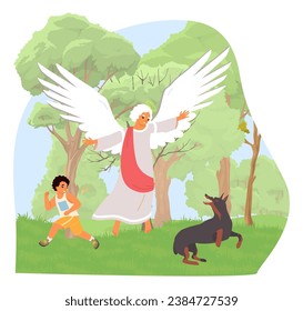 Guardián ángel defendiendo al niño pequeño personaje de un ataque de perro loco en la ilustración vectorial de un parque urbano. Salvaguardia celestial invisible para los niños