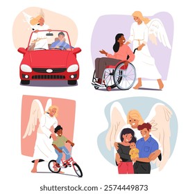 Angel keeper, life saver and guardian spiritual character protecting child, parents with newborn baby family, inclusive people, driver cartoon scene. Angelic helper at work vector illustration