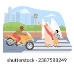 Angel keeper saving life of little boy child crossing road on crosswalk vector illustration. Celestial guardian protecting kid from motorcycle riding at high speed