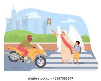 Guardián de ángel salvando la vida de un niño pequeño que cruza la carretera en la ilustración de un vector de paso. Guardián celeste que protege a los niños de la motocicleta a alta velocidad