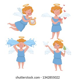 Angel kid with angelic wings having halo holding harp vector child showing emotions crying cupid wearing robe character holding dove bird and olive branch foliage in hands flat style isolated set