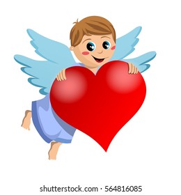 angel kid flying with big heart isolated