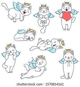 Angel kittens. Hand drawn illustrations of cute angel cat characters isolated on a white background. Vector 8 EPS.