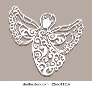 Angel for laser cutting on beige background. Ornamental simple monochrome flying angel.