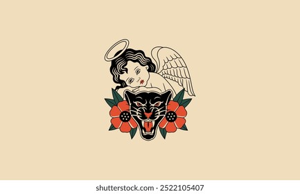 Angel leaning on a black panther head with red flowers.