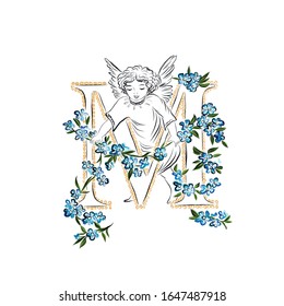 Letra M de composición vectorial dibujada a mano decorada, ángel, símbolo religioso bíblico, niño con alas, flores azules