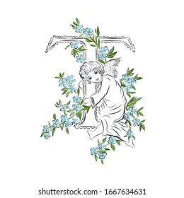 Angel with letter T decorated vegetation and flowers.