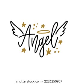 Angel lettering teen age youth text girl concept with wings and nimbus. Lettering typography illustration. Calligraphy beautiful inscription, letters isolated on white background. Perfect phrase for t