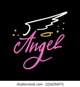 Angel lettering teen age youth text girl concept with wing and nimbus. Lettering typography illustration. Calligraphy beautiful inscription, neon sign color letters on black background. Perfect phrase