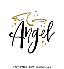 Angel lettering teen age youth text girl concept with wing and nimbus. Lettering typography illustration. Calligraphy beautiful inscription, letters isolated on white background. Perfect phrase for t