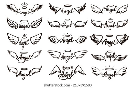 Angel lettering and wings sketch. Spirit saint angels wing with halo. Art flying feathers elements of bird. Black hand drawn neoteric vector design for cards, invitation or prints