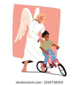 Angel life keeper religious character caring child helping cute little boy learning to ride bicycle cartoon sacred scene. Heaven guidance, kids protection of celestial habitant vector illustration