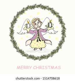 Angel with light candle Merry Christmas.Pastel color violet yellow pink cute typography banner congratulation card art design element stock vector illustration for web, for print
