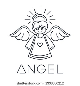 Angel line logo icon. Minimalistic design. Flying angel with halo and wings. Vector illustration isolated on white