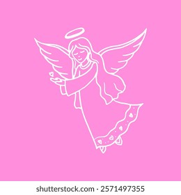 Angel linear hand drawn illustration with heart on pink color background in vector format
