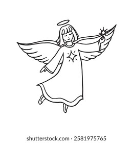 Anjo linear mão desenhada ilustração com estrela em fundo de cor branca isolada em formato vetorial