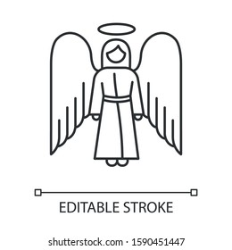 Angel linear icon. Biblical archangel. Human figure in robe with wings and halo. Christmas holy angel. Thin line illustration. Contour symbol. Vector isolated outline drawing. Editable stroke