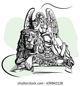 Angel and lion statue at Basilica di Santa Croce in Florence, Italy. Sketch