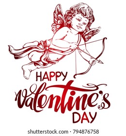 angel , little baby. Cupid shoots a bow with an arrow, Valentine s day, greeting card hand drawn vector illustration realistic sketch