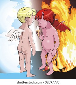 Angel looks as devil eats ice-cream. A vector illustration.