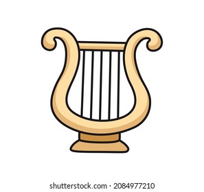 Angel lyre stringed musical instrument. Golden harp for cherub. Cute colored illustration. Vector isolated emblem for pin, psticker, patch, badge, print.