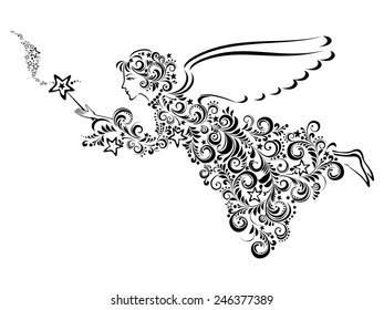 Angel and Magic wand isolated on White background. Vector illustration