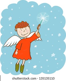 Angel with magic wand in the sky