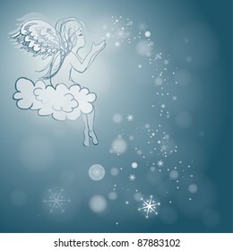 Angel makes snowflakes / Blue sky background