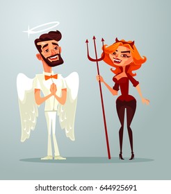 Angel man and devil woman characters. Vector flat cartoon illustration