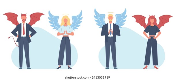 Angel man and devil woman, good and bad businessman. Heaven and hell symbol. Male and female character standing in office suit. Alternative way. Cartoon flat isolated vector concept