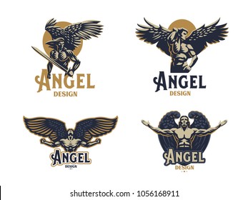 Angel man. Set of vector emblems.