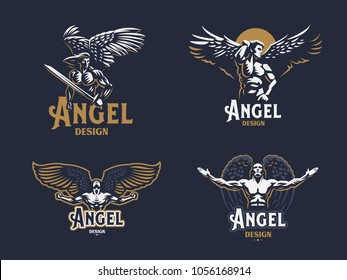 Angel man. Set of vector emblems.