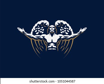 Angel man throws up his hands. Vector emblem.