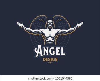 Angel man throws up his hands. Vector emblem.