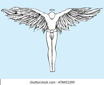 Angel. A man with wings. Feathers. The man-bird. Line art. Drawing by hand. Doodle. Tattoo.