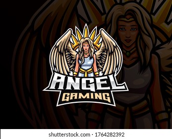 Angel mascot sport logo design. Guardian angel mascot vector illustration logo. Angel woman mascot design, Emblem design for esports team. Vector illustration