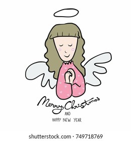 Angel Merry Christmas and Happy New Year cartoon vector illustration doodle style