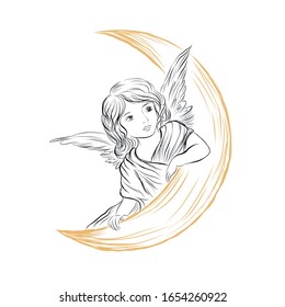 Angel with moon. Biblical heavenly symbol of man with wings. Decor for greeting retro cards for Christmas, Easter and other religious holidays. 