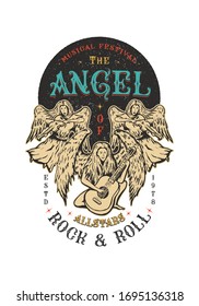 The Angel with musical instrument. Craft retro vintage design. Handmade graphic figure. Vector illustration. Old badge, label, emblem, logo template
