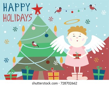 Angel near a Christmas tree with gift box. Greeting card for new year or Christmas. Flat vector illustration.