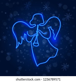 Angel. Neon light. Linear pattern on a snowy blue background with snowflakes. Vector image.