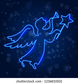 Angel. Neon light. Linear pattern on a snowy blue background with snowflakes. Vector image.
