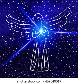 Angel on blue space background. Angel with shining sun, star in hands as symbol of peace and good. For design of covers, printing on fabric or paper