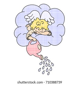 Angel on the cloud. Cute cartoon art. Cloud and watering. Vector illustration.