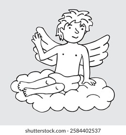 angel on cloud hand drawing, funny angel, cartoon, angel with wings